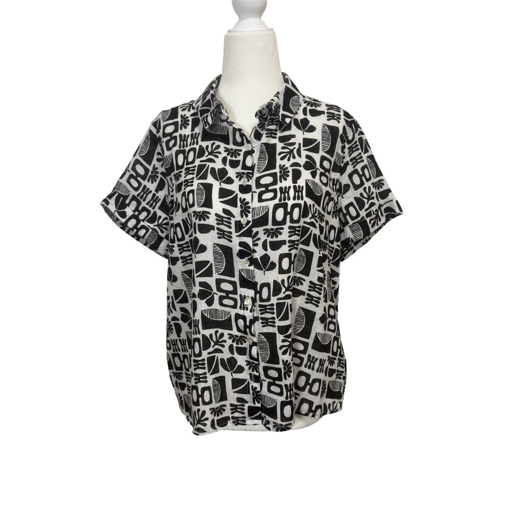 Nicole Miller New York Black White Abstract Linen Button Down Shirt Size M
